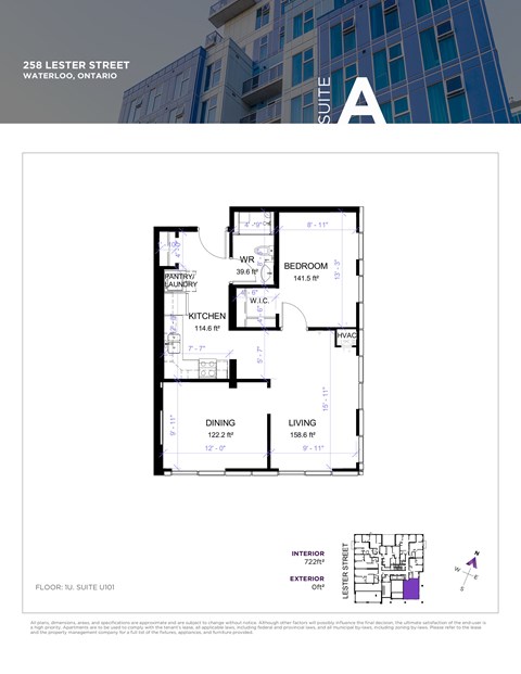 Floor plan for 1 bed, 1 bath, 810 sqft